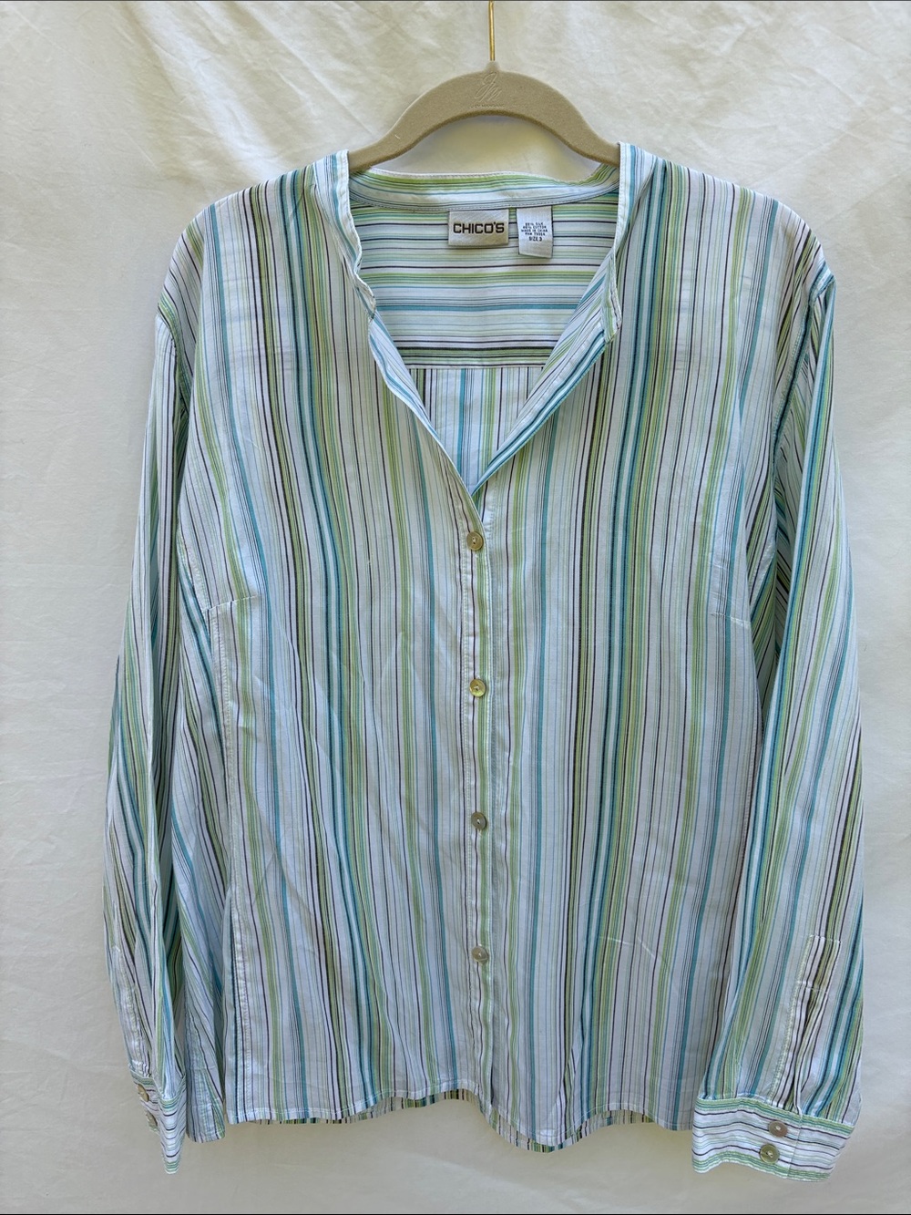 Chico's Women’s Light Blue and Green Striped Button-Up Shirt